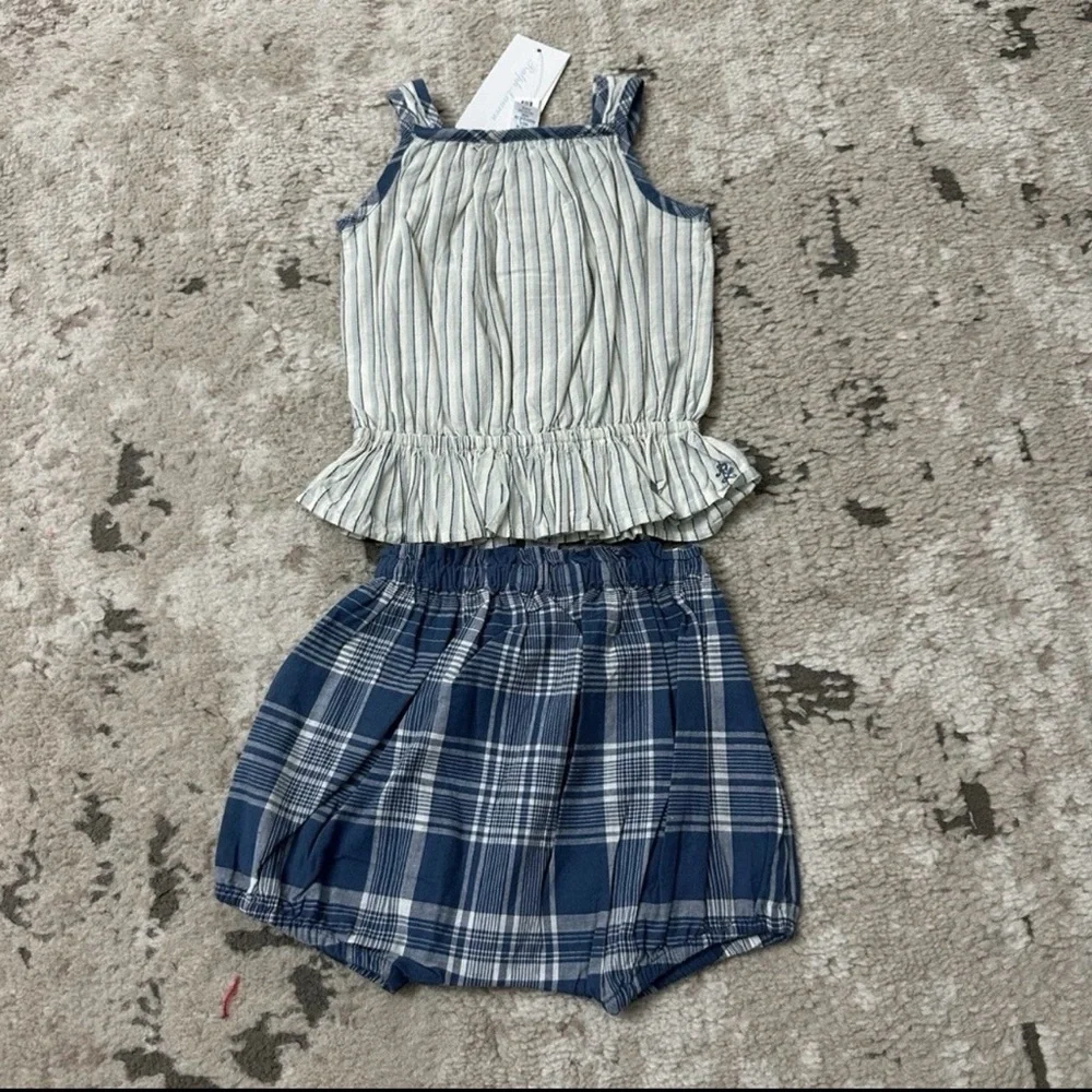 Ralph Lauren Baby Girls Matching Set Striped Cotton Top & Plaid Bloomers